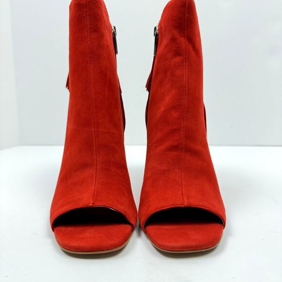 NEW Vince Camuto Amenala Bright Red Faux Suede Western Fringe Peep Toe Bootie - Picture 4 of 14